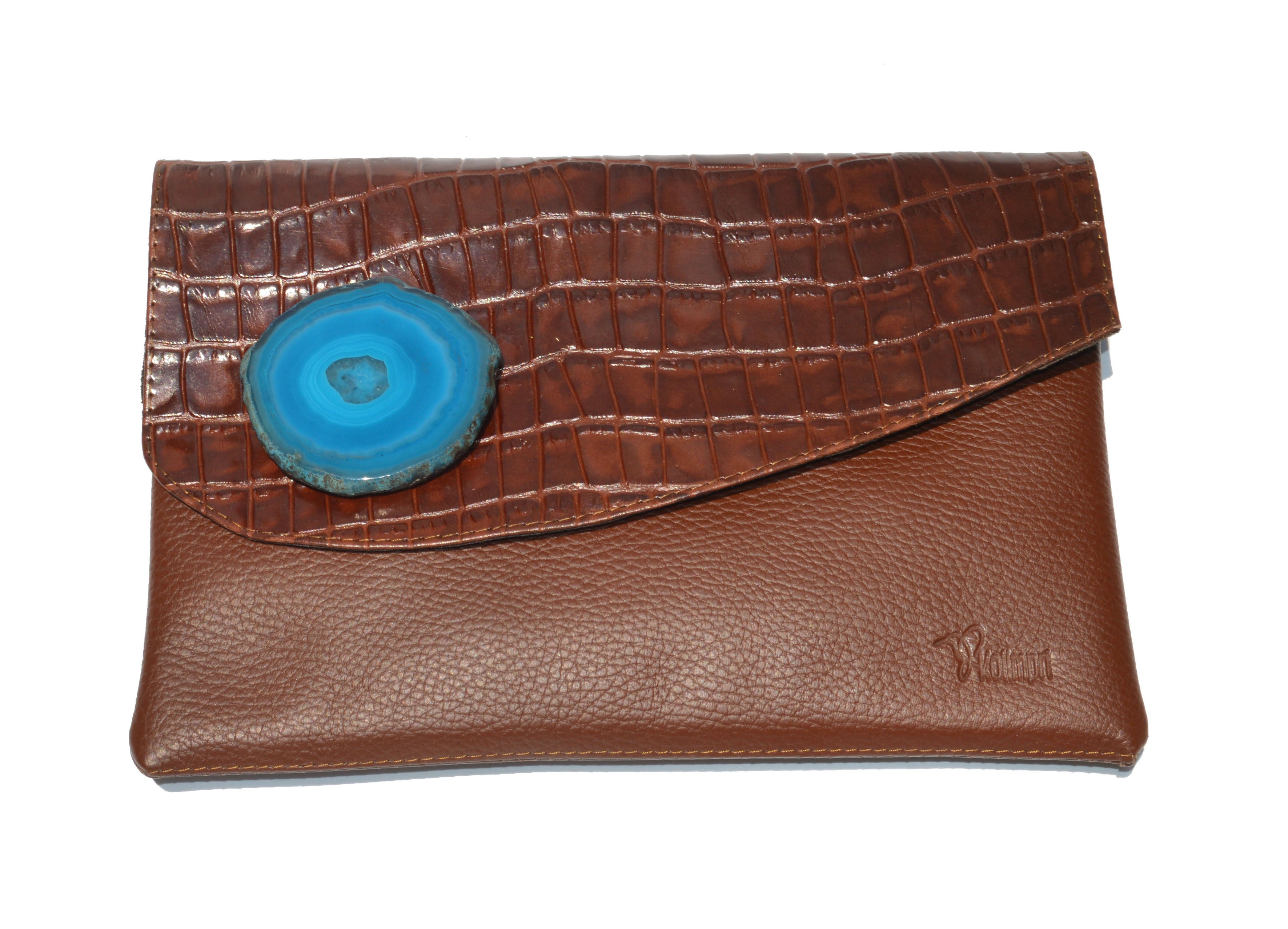 Bolso clutch modelo perlita combinada café - ágata azul